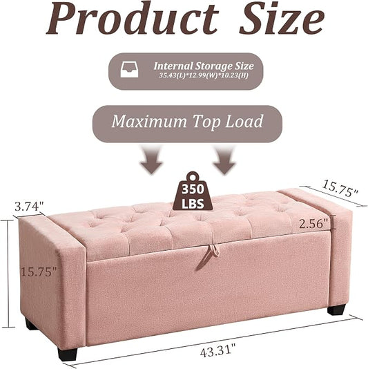 Royal Windsor Ottoman with Storage,Tufted Storage Bench with Safety Hinge,Holds up to 350 lb,Upholstered Bench with Seating for Bedroom, Living Room,Entryway,Pink