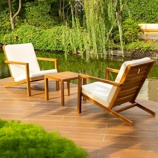 IDZO Natural 3-Piece Patio Bistro Sets with Foldable 400lbs Weight Chairs, a 220lbs Shelf Table, Made from FSC-Certified Acacia Wood, Featuring Washable Cushions and an Ergonomic Design