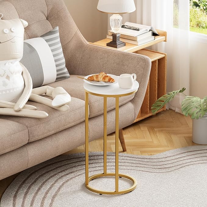 C Shaped End Table, Couch Side Tables for Living Room, Round Sofa End Table with Metal Frame, Small Wooden Snack Table for Bedroom, Small Spaces, Easy Assembly (Gold)