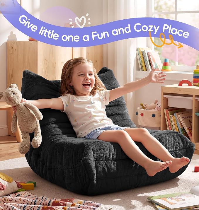 Hobestluk Small Bean Bag Chair Faux Fur Fabric BeanBag Couch for Playroom | Black Plush,Ergonomic Design,Memory Foam,Strong Supportive,No Assembly Required,Decorative Style for Living Room Bedroom
