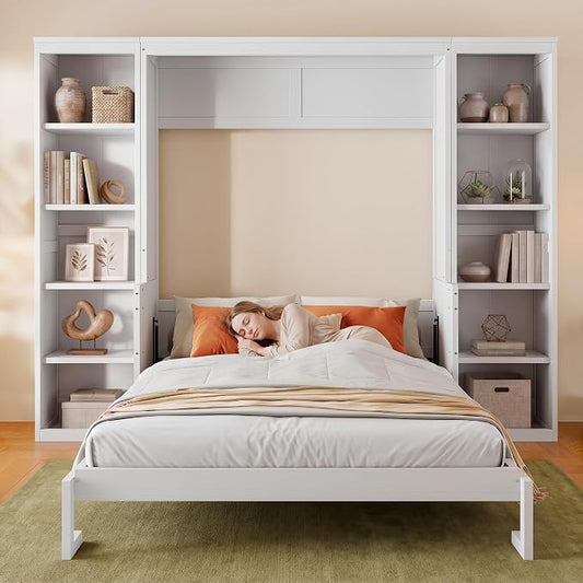 Olela Murphy Bed Queen Size with Mattress Desk and Bookcase, Vertical Murphy Wall Bed Cabinet Desk and Bookshelf Storage Combo, Space Saving Hideaway Beds for Home Office Guest Room, White