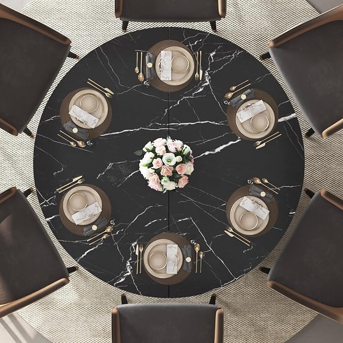 IBF Round Dining Table with Storage, Black Faux Marble Kitchen Tables for 4-6 People, 47" Modern Dining Room Tables with Fridge Space, Wood Circle Dinner Table for Home, Black Marble, Only Table