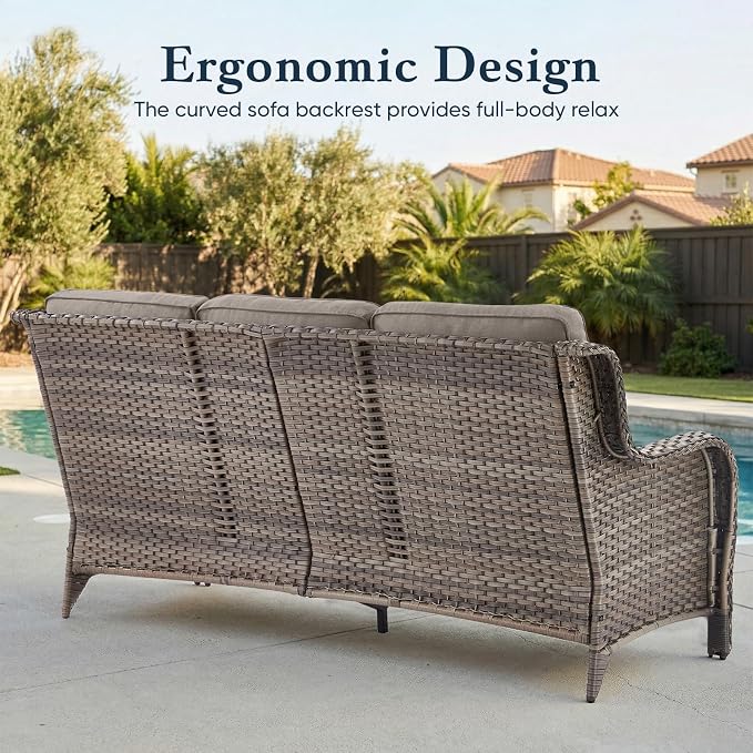 Belord Luxury 6" Thick Cushioned PE Wicker 3-Seater Outdoor Couch, All-Weather Comfortable Modern Patio Sofa, High Back Deep Seat Woven Outdoor Furniture for Porch Balcony, Lawn, Deck - GreyGrey