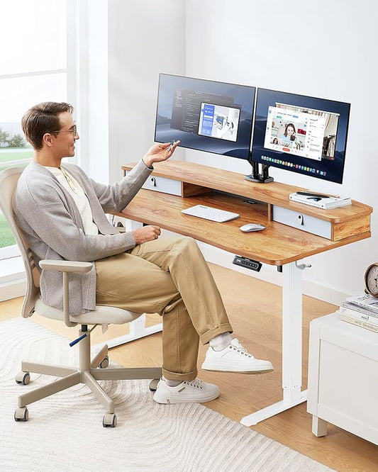 HUANUO 48″ x 24″ Electric Standing Desk with 2 Drawers, C-Clamp Mount Compatible, Height Adjustable Computer Desk, Home Office Stand Up Desk with 4 Preset Heights & 2 Hooks, Light Vintage