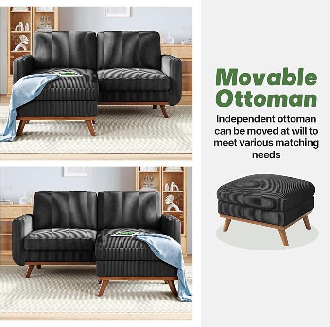 Vesgantti 68" Loveseat Sofa with Movable Ottoman, Comfy Corduroy Couch with Spring Cushion, Sofa Couch with Solid Wood, Modern Office Sofa with Deep Seat for Living Room and Bedroom, Black