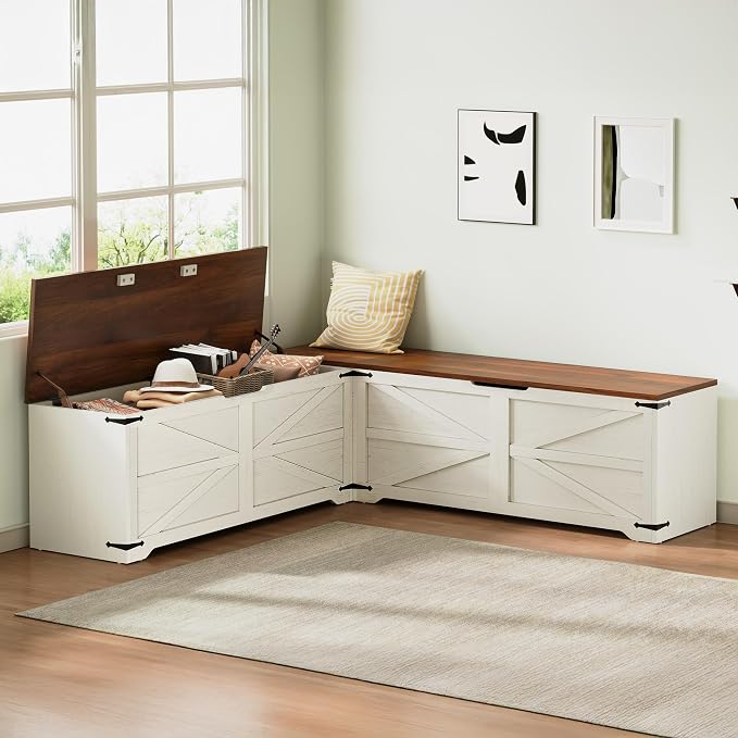 DWVO L-Shaped Storage Bench, 18" High Corner Dining Bench with Safety Hinges, Wooden Nook Chest for Living Room, Bedroom | Corner L-shaped design, slow-close safety hinges, hidden storage, fits living room bedroom dining nook, easy to assemble