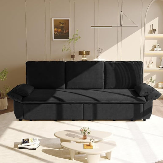 94.5'' Sleeper Sofa Bed King Size, Modern Corduroy Pull Out Couch, 3-in-1 Convertible Futon Sofa, 3 Seater Couches, Cloud Recliner, Pillow Arm, for Living Room, Apartment, Offices, Black