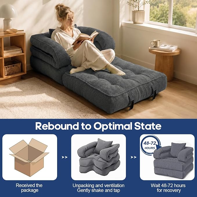 Folding Sofa Bed, Convertible Sleeper Chair with Armrests for Adults, Foldable Corduroy Boneless Bed, 3-in-1 Portable Futon Couch Floor Sofa with Pillow for Bedroom, Living Room, Dark Gray