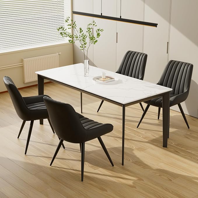 Dining Chairs Set of 4, Faux Leather Mid Century Modern Kitchen Chairs with Soft Cushion, Comfortable Upholstered Dining Room Chairs for Kitchen, Black