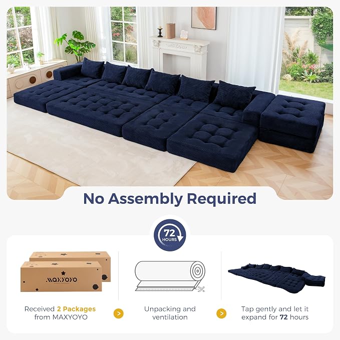 MAXYOYO Modular Sectional Sofa Couch, Foldable U Shaped Cloud Couch with Pillows, Tufted 7-Seat Boneless Lounger Floor Sofa Bed for Living Room, No Assembly Required, Navy