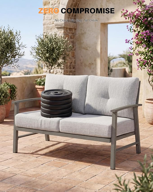Patio Furniture Loveseat Sofa, Outdoor Aluminum Couch with 5.9'' Soft Cushion, All-Weather Outdoor 2 Seats Patio Furniture Sofa Couch for Garden, Poolside, Lawn, Limed Oak