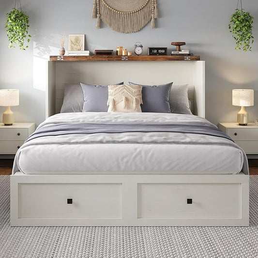 LUXOAK Full Size Murphy Bed with Charging Station, Cabinet Bed with Large Storage Drawer for Home Office or Small Room, Full Foldable Platform Bed, White