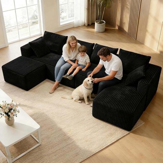 118" Modular Sectional Sofa with Chaise and Ottoman, Oversized U-Shaped Corduroy Cloud Couch, Deep Seat Boneless Couch for Living Room, No-Assembly - Black (Right Facing Chaise)