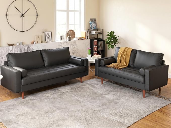 Container Furniture Direct Womble Mid Century Modern Couch with Bolster Pillows, PU Leather Upholstered Tufted Seat, Versatile Retro Design for Comfortable Living Spaces, Sofa