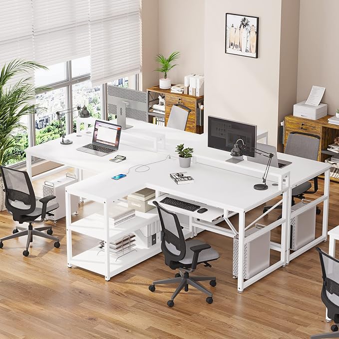 SEDETA 94.5" White Computer Desk, Two Person Gaming Desk with LED Light, Keyboard Tray, Power Strip with USB, Monitor Shelf & Storage, Extra Long Double Desk for Home Office, White