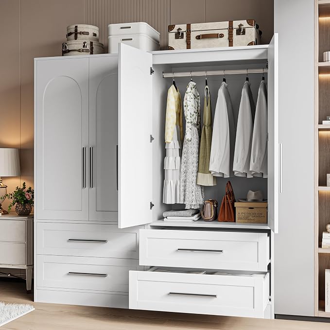 iPormis Armoire Wardrobe Closet with 2 Drawers, Modern Wooden Bedroom Armoire with Doors, Clothing Storage Cabinet with Aluminum Hanging Rod, Wardrobe Storage with Strong Door Closure, White