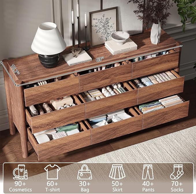 CHUWELL 3-Piece Bedroom Dresser Set-9 Drawer Dresser & 2 Nightstands,63" Wide Walnut Dresser and Night Stands with Solid Wood Cylindrical Legs,Rustic Wooden Storage for Bedroom