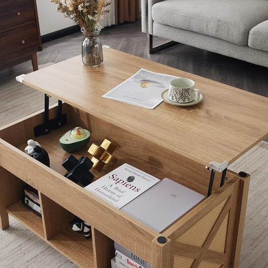 VINGLI Farmhouse Lift Top Coffee Table, Rustic Grey with Storage Shelf/Hidden Compartment, Mesa De Centro para Sala, Rustic Brown (Rattan Natural, 40" L)