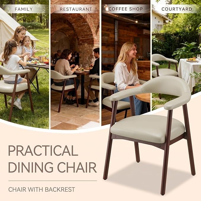 MALOL Leather Dining Chair with Armrest Set of 4, Upholstered Dining Room Chair with Curved Back and Wood Legs, Mid Century Modern Kitchen Chairs for Kitchen Dining Room,Khaki