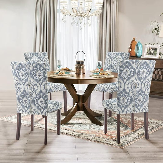 Parsons Dining Chairs Set of 2, Upholstered Nailhead Dining Room Kitchen Side Chair with Thick Cushions and Wood Legs, White/Blue