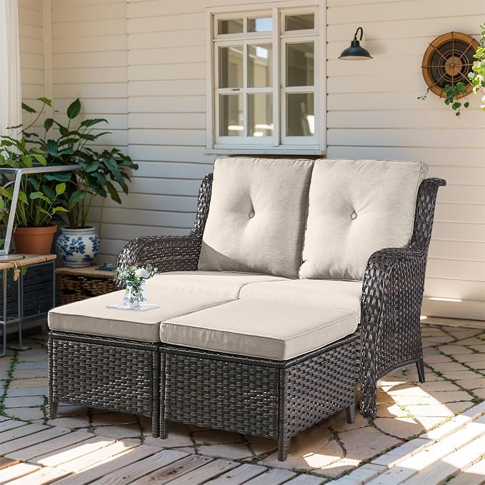 Outdoor Loveseat Sofa - 3 Piece Patio Furniture with Ottoman Deep Seating Patio Couch for Porch Deck Garden Backyard - Brown/Beige