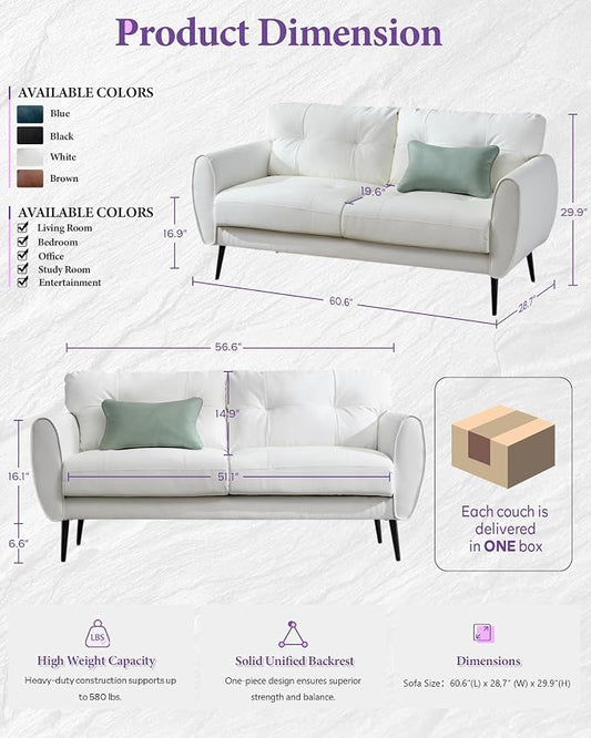 TYBOATLE 61" Loveseat Couches for Living Room, White Faux Leather Couch Mid Century Modern Tufted Mini Sofa Comfy Office 2 Seat Settee Love Seat Small Couches for Small Spaces Bedroom, White