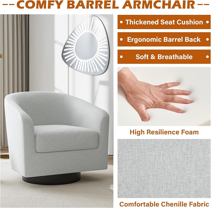 Swivel Accent Chairs Set of 4, Chenille Barrel Chair Upholstered Armchair for Living Room, Modern Round Arm Chair Small Single Sofa Bedroom Reading Seat - Beige