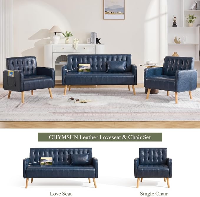 Blue Leather Loveseat and Accent Chair Set of 2, Small Couch w/USB Charging & Pockets, Mid Century Modern Tufted Love Seat and Chair Set, Mini Office Sofa for Living Room, Apartment