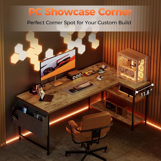 Mericonia Small L Shaped Computer Desk with Power Outlets, Reversible Gaming Desk with Storage Shelves, Corner Gamer Desk Table, Study Writing Table