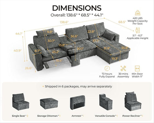 138.6'' Oversized Power Recliner Sofa with Headrest, Modular Cloud Sectional Couch with Convertible Table, Charging, Drawer, Cup Holder, 4-Seater with Storage Ottoman, Chenille, Grey