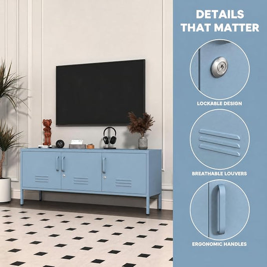Metal Storage Cabinet-22"Tall Steel TV Stand Cabinet Adjustable Shelves storage locker Lockable Blue Metal Cabinet for Home Office Bedroom Living Room Balcony Entryway Size:22" H X 47.3" W X 13.8" D