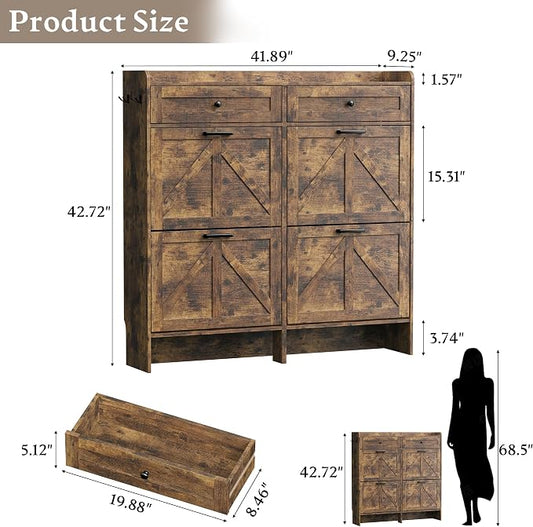 BORNOON Shoe Storage Cabinet for Entryway, Farmhouse Wide Shoe Cabinet with 4 Flip Drawers and 2 Top Drawers, Freestanding Organizer with Adjustable Shelves, Hooks, and Anti-Tip Kit for Hallway