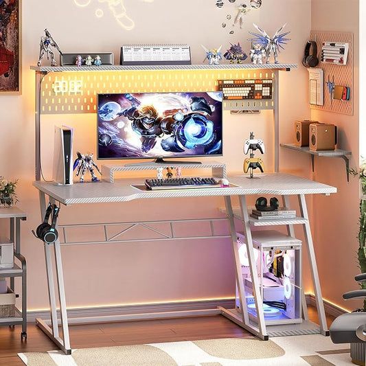 Armocity Gaming Computer Desk with Power Outlets, Gaming Desk with Hutch and LED Lights, Reversible PC Gaming Desk with Pegboard, Carbon Fiber White, 47"