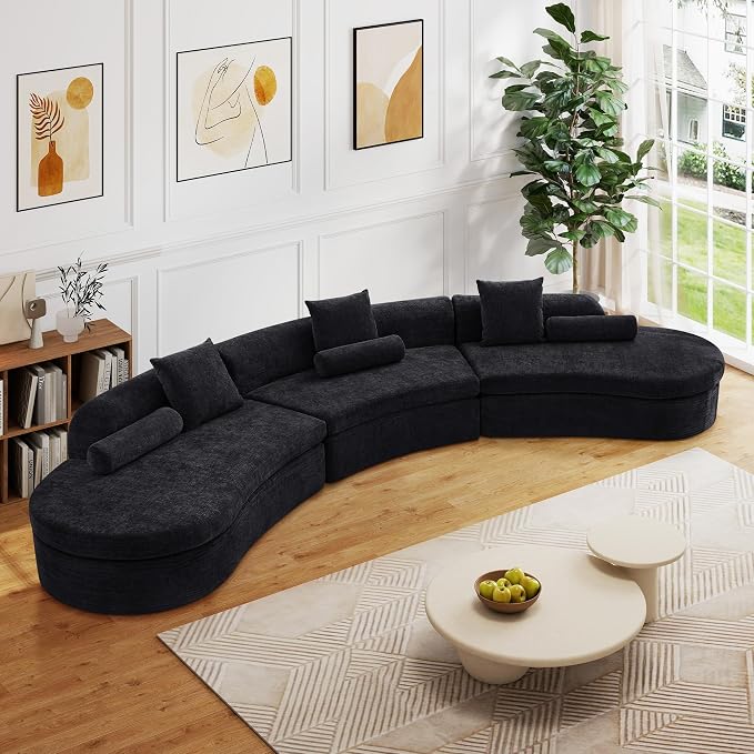 AVZEAR Curved Modular Sectional Sofa, Chenille Upholstered Cloud 1 Seater Couch for Living Room, No Assembly Modern Love Seat Sofa with 1 Bolster Pillows & 1 Square Pillows, High-Density Foam, Black