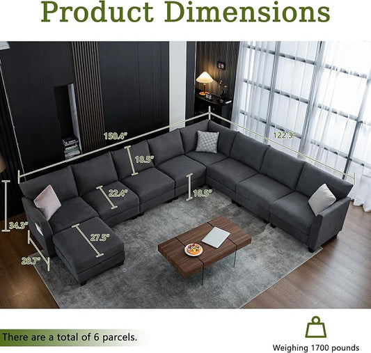 150.4" Large Sectional Couches for Living Room, 8 Seater L Shaped Modular Sectional Sofa with Storage Ottoman & USB, Oversized Corner Couch for Living Room (Grey)