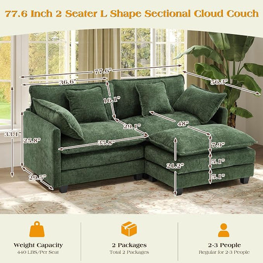 77.6" Modular Sectional Sofa,Loveseat Couch for Living Room, Modern Deep Seat Sofa 2 Seater Chenille Fabric Comfy Cloud Couches with Throw Pillows & Ottoman for Apartment,Small Spaces