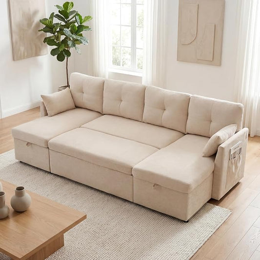 Huatean Home Oversized Sleeper Sofa Couch, 100 inch 2 in 1 Pullout Couch Bed with Side Pockets for Living Room, Sectional Sleeper Sofa Bed with Double Storage Chaise, Beige
