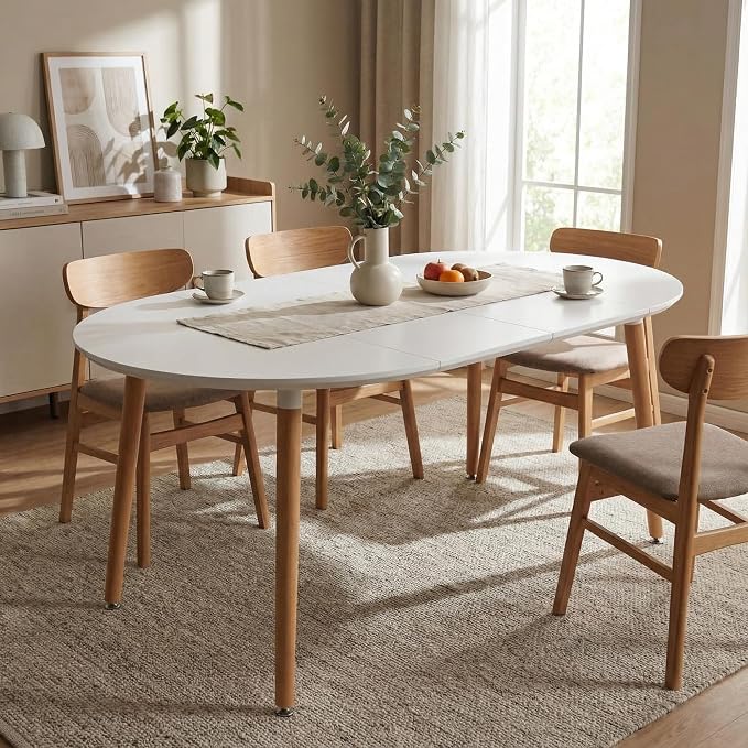 Extendable Round Dining Table for 4 6 Wooden Dining Room Table 39" to 70" Modern Kitchen Table for Dining Room Office Expandable Oval Dinner Table with MDF Top and Wood Legs White