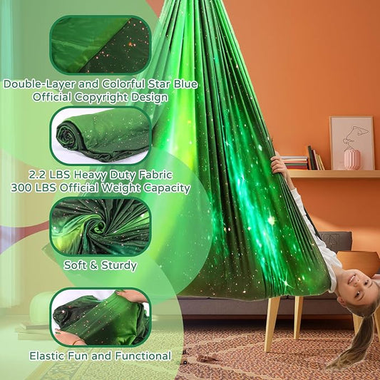 Sensory Swing for Kids and Adults Indoor & Outdoor Double Layer Therapy Cuddle Holds up to 300lbs Adjustable Hammock Chair with 360° Swivel Hanger Kit Effect for Aspergers Autism ADHD(Green)