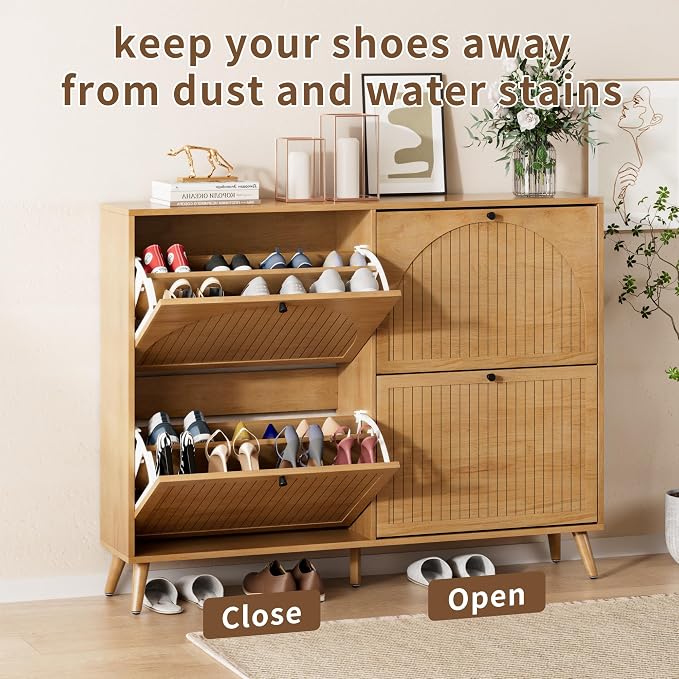 Fsbecl Shoe Storage Cabinet for Entryway with 4 Flip Drawers, Narrow Shoe Organizer with Fluted Panel, Freestanding Wood Hidden Shoe Cabinet (Wood Color, 4 Flip Drawers)