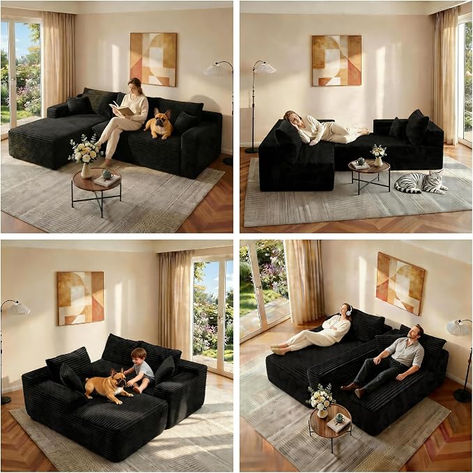 JINGLING 94" L Shape Couch with Left Chaise, Memory Foam Boneless Sectional Sofa in a Box, No Assembly Modular Small Couches for Small Spaces, Living Room, Apartments, Plush Corduroy, Black