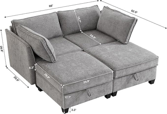 ORRD Sleeper Modular Sectional Sofa Set, Convertible Couch Bed with Storage, 4 Seater and 2 Armrestes Sofa Modular for Living Room, Office (Grey)