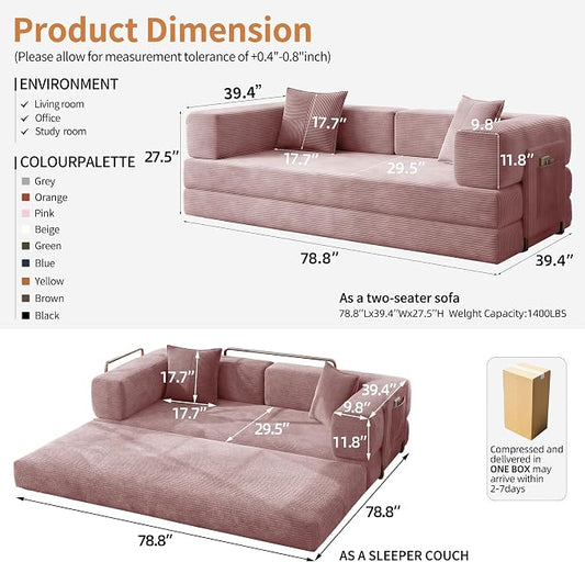 78.8" Convertible Sofa Bed with Armrest Pillow, 4-in-1 Sleeper Couch Bed for Livingroom, Modular Corduroy Boneless couches, No Assembly (Pink)