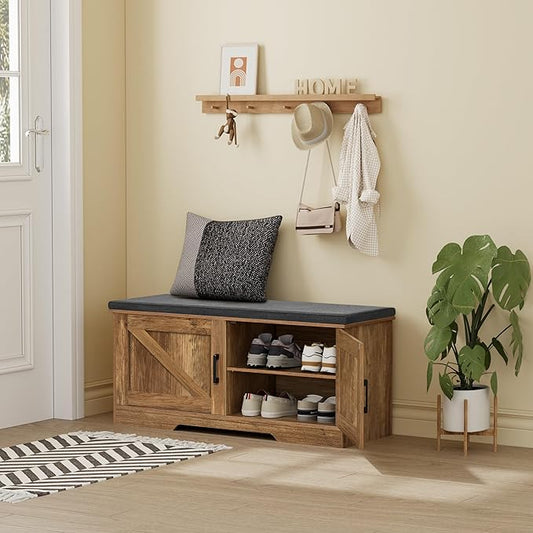 HOMSHO Farmhouse Shoe Storage Bench with 2 Barn Doors & Padded Seat Cushion | 39.4" Wide Entryway Bench with Adjustable Shelves & Hidden Storage, Rustic Walnut