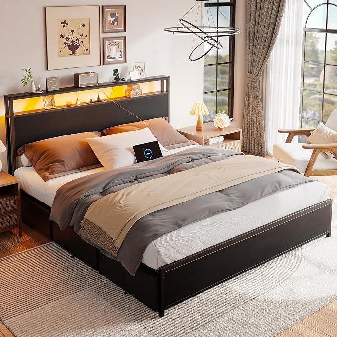 Forestell Queen Bed Frame with Headboard & 6 Drawers, Metal Platform Bed Frame Queen Size with LED Lights & Charging Station, 2 Tier Shelf Storage Bedframe-No Box Spring Needed, Noise Free, Black