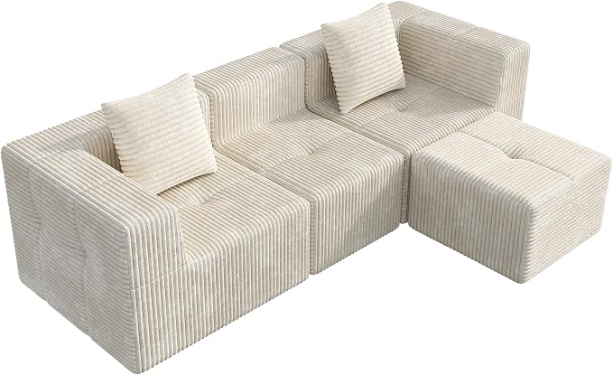 WLIVE 108'' Cloud Sectional Couches for Living Room, Modular Boneless Couch with Facing Chaise, L Shape Memory Foam Corduroy, with Ottoman, Greyish Beige
