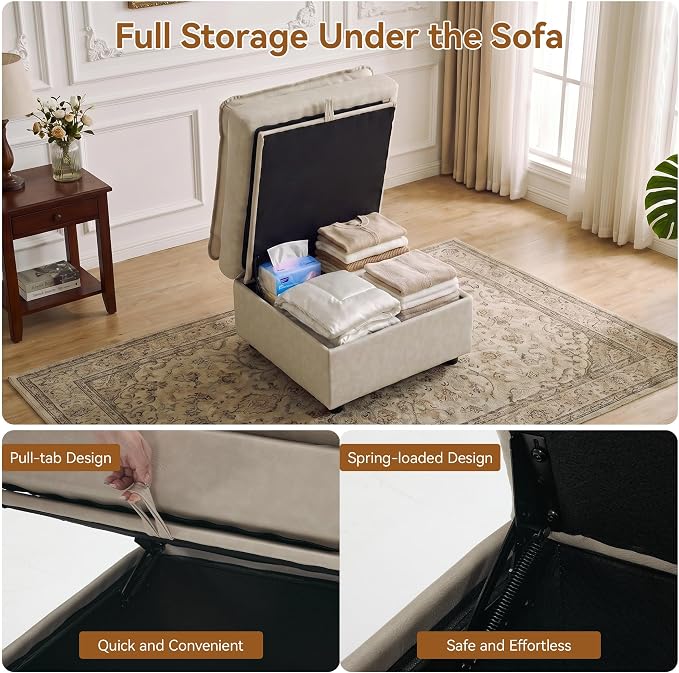 27" Beige Faux Leather Storage Ottoman, Large Square Footrest for Couch | Lift-top Storage Keeps Blankets and Clothes Organized, with Padded Upholstery and Anti-slip Legs for Bedroom, Living room.