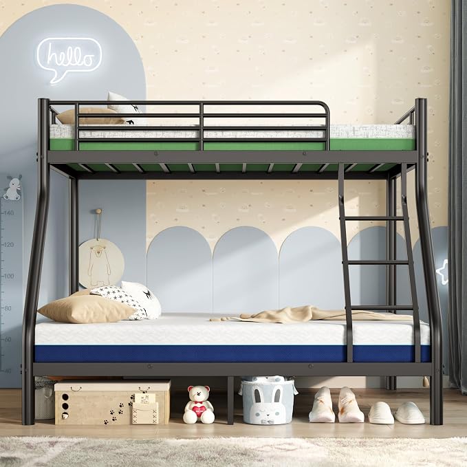 SDHYL Twin Over Full Bunk Bed with Two Mattresses, Heavy Duty Metal Bunk Bed for Adults, Includes 6 Inch Memory Foam Mattresses, Guardrail & Ladder, Space-Saving, Easy Assembly, Black
