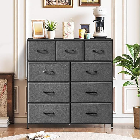 9-Drawer Dresser for Bedroom, Anti-Tip Tall Storage Organizer Chest of Drawers with Wooden Top and Metal Frame Fabric Bins for Closet, Living Room, Hallway, Entryway, Gray