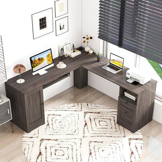 Giantex 66" L-Shaped Desk with Storage Drawers & Charging Station, Spacious Corner Computer Desk with Keyboard Tray, Adjustable Shelf, Cabinet, Huge Workspace Home Office Study Writing Desk (Grey Oak)